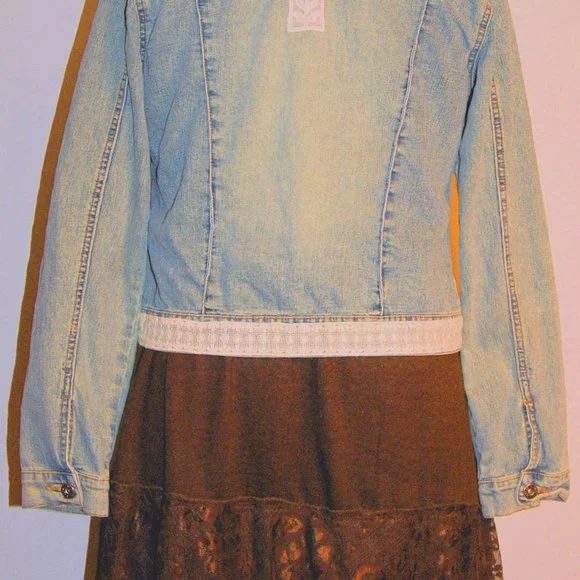 Denim Jean Jacket Upcycled Vintage Distressed Military Style - Picture 9 of 9